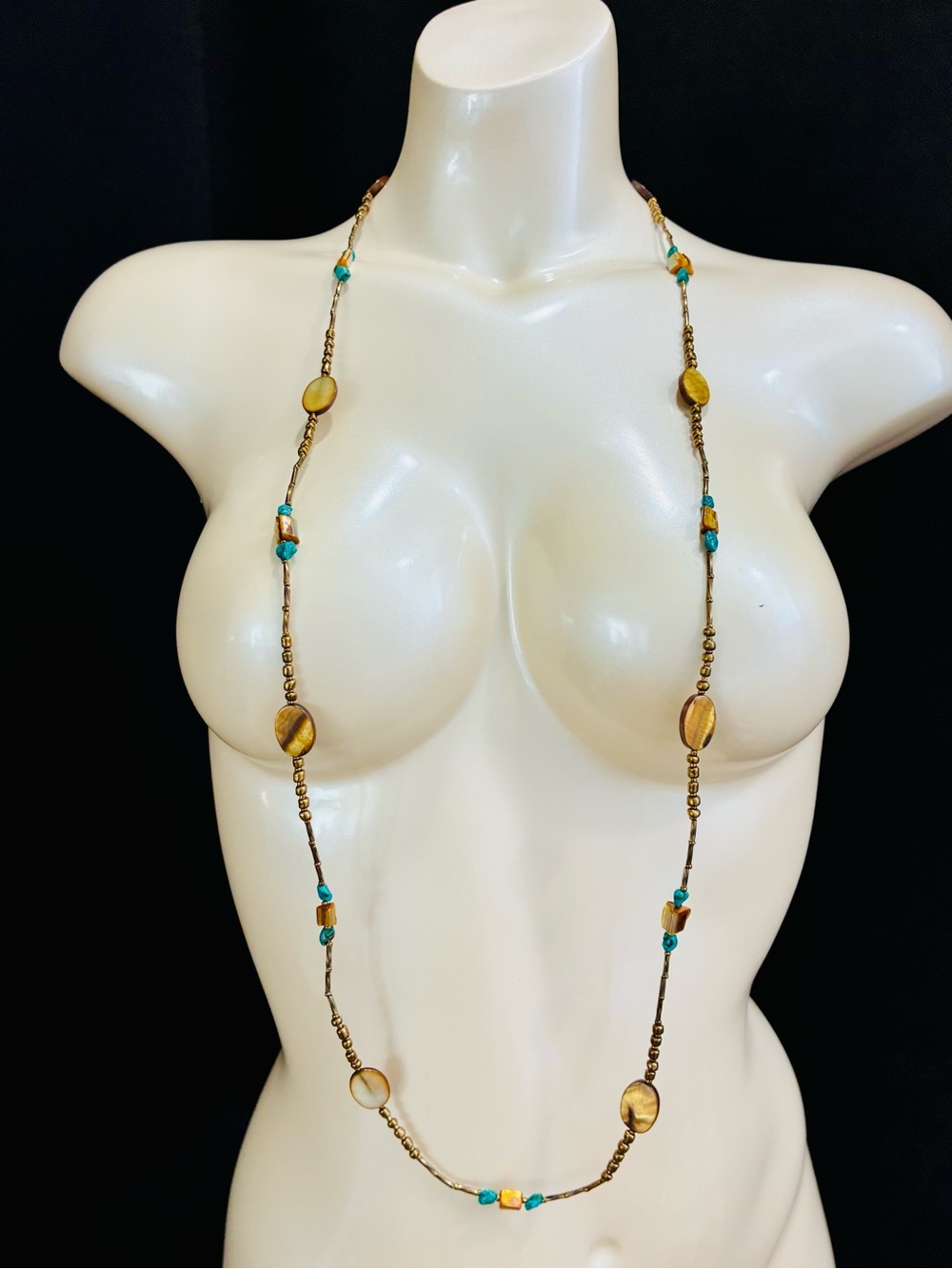 Source Unknown Turquoise and Tiger Eye Long Beaded Necklace